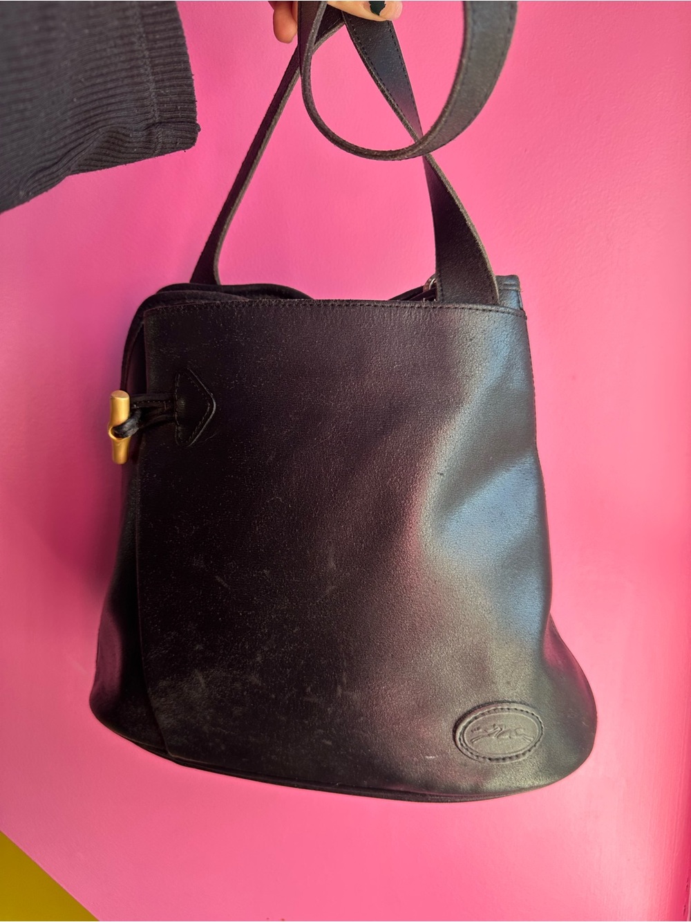Vintage Longchamp Roseau Black Leather Shoulder Bag